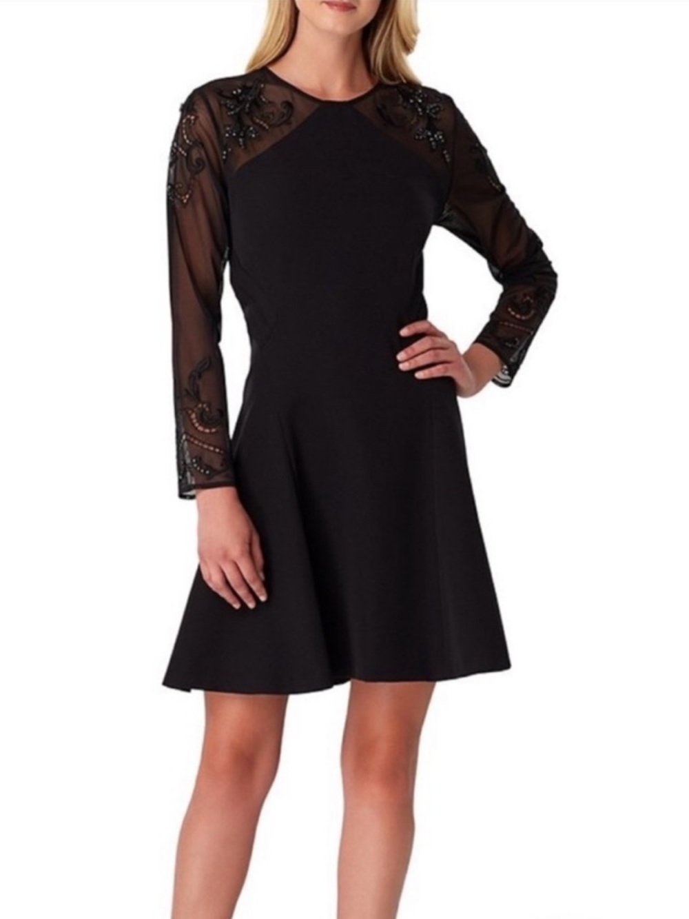 Karen Millen Black Long-Sleeve Embellished Mesh Fit & Flare Dress Size 6